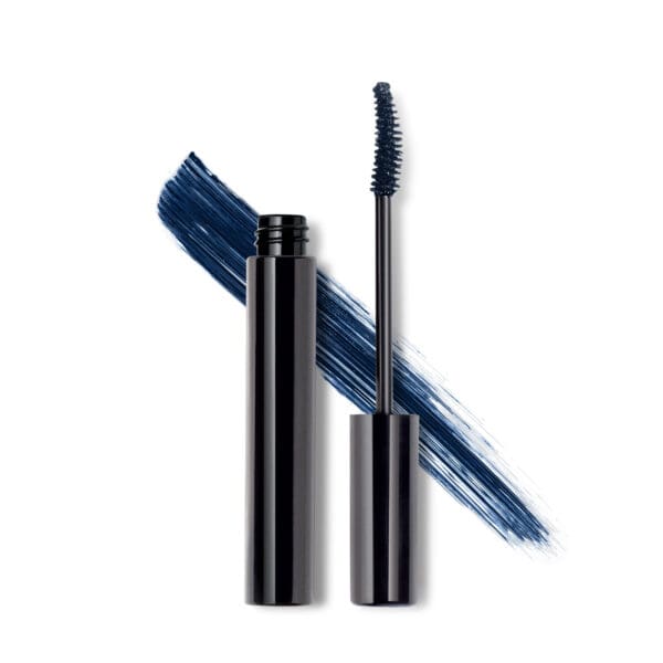 Black mascara wand and tube with a blue swipe.