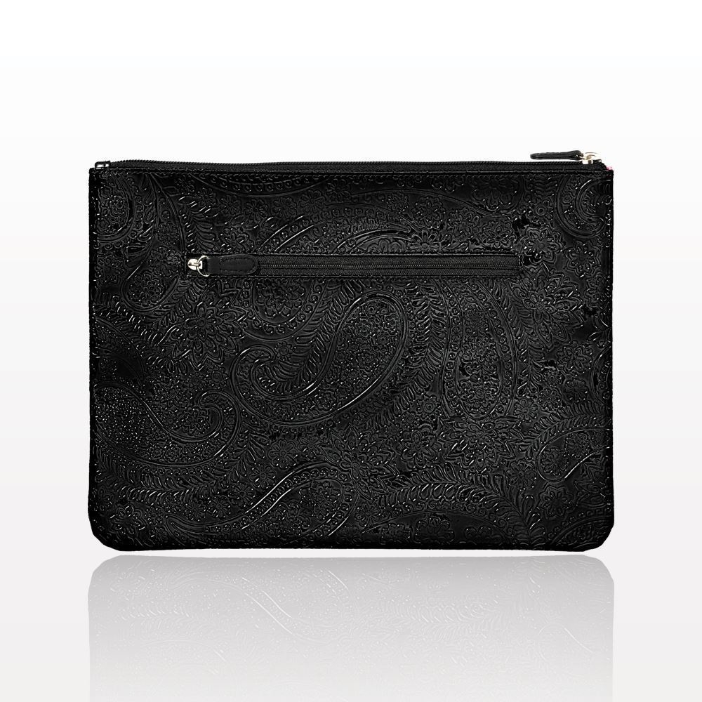 A black zippered pouch on a white surface.