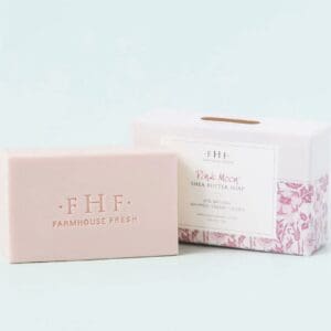 A Farmhouse Fresh Pink Moon Shea Butter Soap with a pink label.