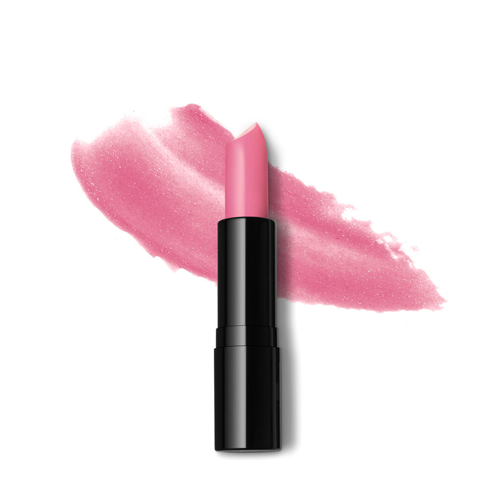 A pink lipstick on a white background.