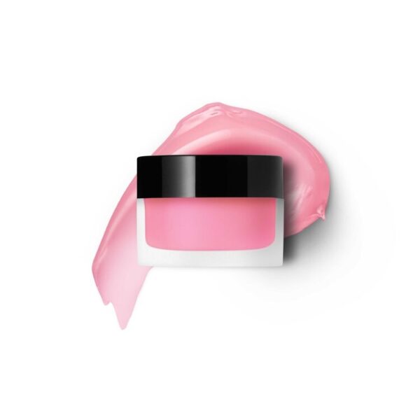 A jar of pink lip balm on a white background.