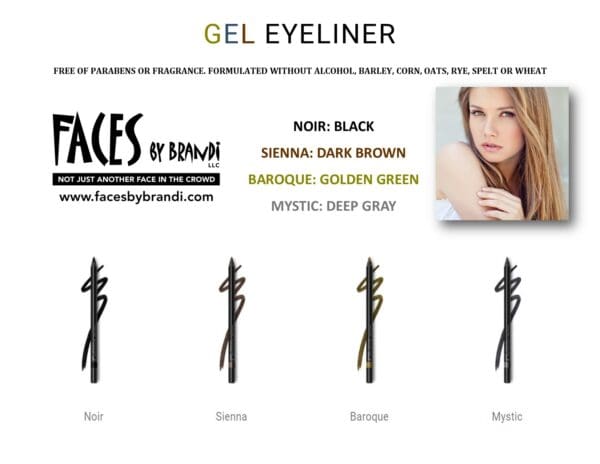 Gel eyeliner in four colors: black, brown, green, gray.