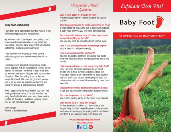 A baby foot brochure with a woman's legs in the grass.