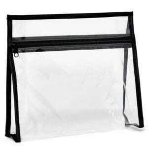 Clear plastic toiletry bag with black zipper.