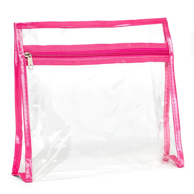 Pink zippered clear plastic makeup bag.