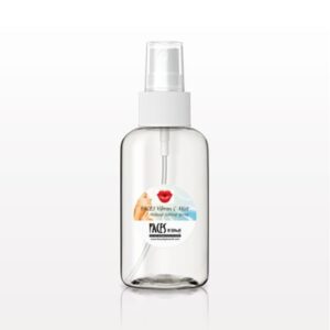 A clear bottle of FACES by Brandi Vibran-C Mist with a heart on it.