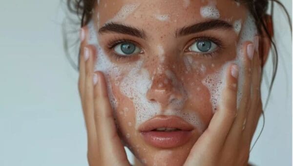 Woman washing her face with foam.