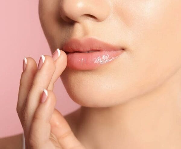 Woman with pink lips and french manicure.