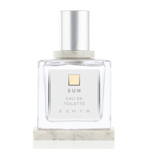 A bottle of sun eau de toilette on a white surface.