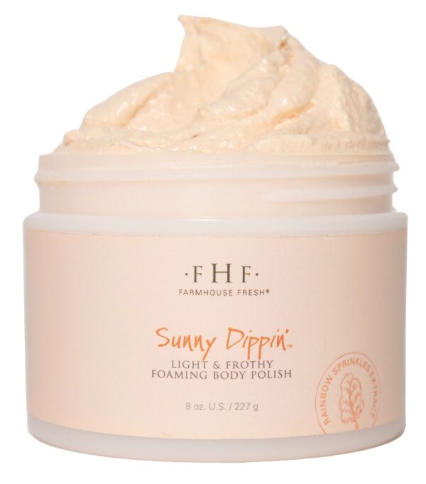 A jar of FHF Sunny Dippin' Foaming Body Polish on a white background.