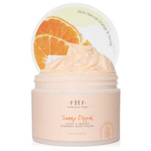 A jar of FHF Sunny Dippin' Foaming Body Polish on top of a white background.
