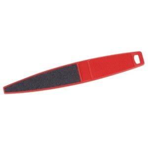 Red plastic foot file with black grit.