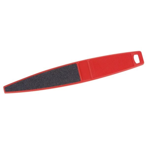 Red plastic foot file with black grit.