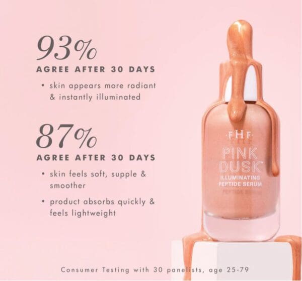 Pink Dusk illuminating peptide serum bottle.