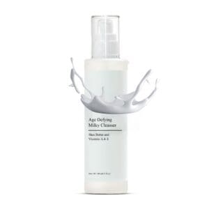 Milky cleanser bottle with splash effect.