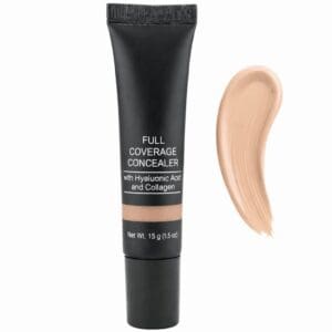 Concealer tube with product swatch beside it.