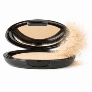 Compact powder case with scattered powder.
