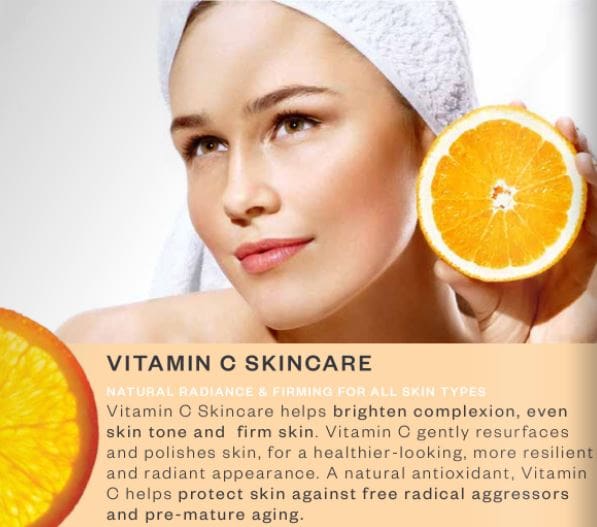 Woman with orange promoting skincare benefits.