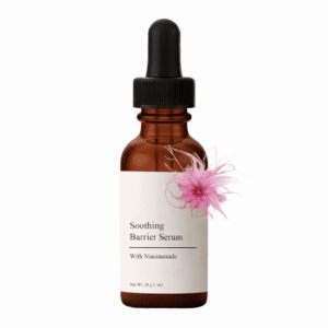 Serum bottle with pink flower decoration.