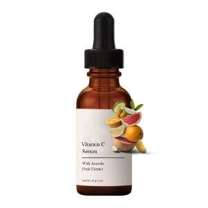 Vitamin C serum bottle with fruit illustration.