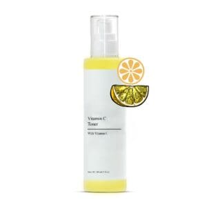 Vitamin C toner bottle with lemon illustration.